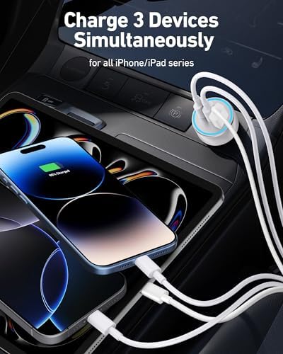 MFi Certified 2-Pack i Phone Car Charger – 67 W Fast Charging Adapter with 3 USB-C Ports and 3 FT Cables for i Phone 16/15/14/13/12/11/Pro Max/XS/XR/X/SE/8 Plus & i Pads – Ultimate Travel Charging Solution with Enhanced Speed and Compatibility
