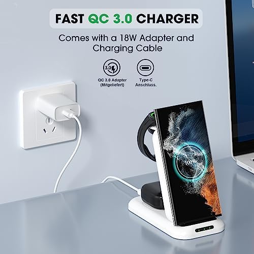 Samsung 3-in-1 Wireless Charging Station for Galaxy Devices – Fast Charge Your S23, S22, S21, Note 20, and More with Integrated Watch and Buds Support (White) – Sleek, Compact Design with Safety Features and Adapter Included