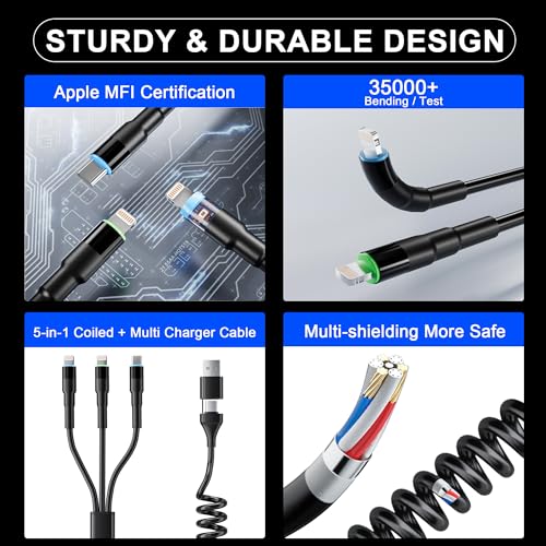 Versatile 5-in-1 Coiled Charging Cable – MFi Certified USB A/USB C to Lightning, Type-C & Micro USB – Tangle-Free Design for Car & Home – Fast 2.4 A Charging Speed for Seamless Data Transfer & Compatibility with Apple Devices – Ideal for Professionals & Families