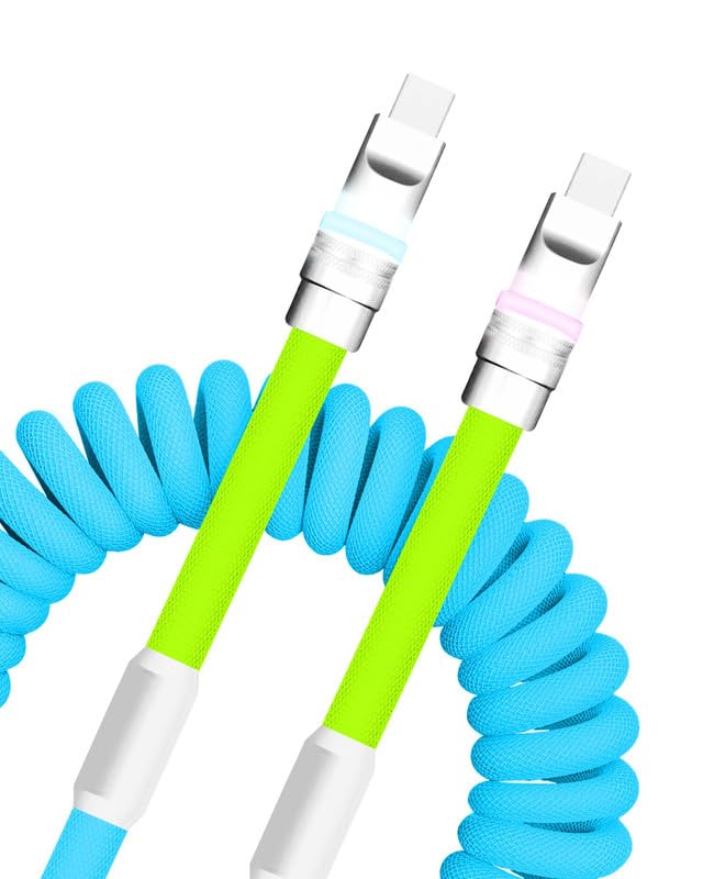 Neon Chubby Spiral Charge Cable – Vibrant 2.29-3.6 FT Type-C Coiled Charger for USB-C and Carplay Devices, Fast Sync and Charge, Tangle-Free Design in Bold Purple and Light Green, Perfect for Smartphones and Tablets