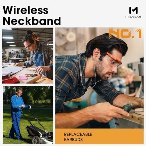 MIPEACE Bluetooth Noise-Canceling Neckband Earplugs – Premium 29 d B Hearing Protection Headphones with 19+ Hour Battery Life and Sweatproof Comfort for Lawn Care & DIY Tasks (Chic Blue) – Effortless Device Pairing & Customized Fit for Extended Use