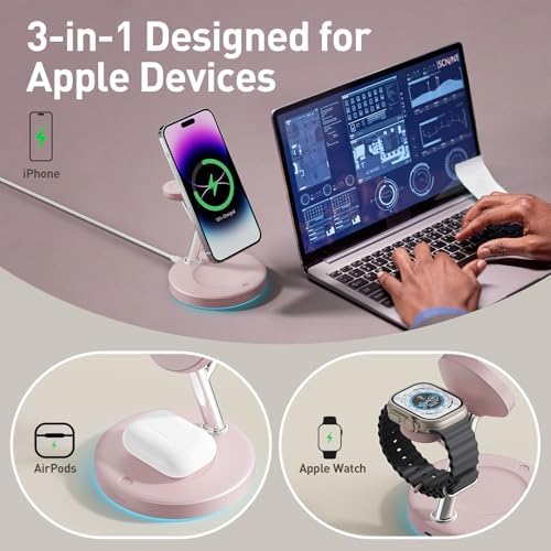 2025 Premium 3-in-1 Wireless Charging Station for i Phone 16, 15, 14, 13, 12 – Mag-Safe Compatible Charger Stand for Air Pods and i Watch – Fast, Efficient Power Hub with Sleek Design and Overcharge Protection for Home or Travel