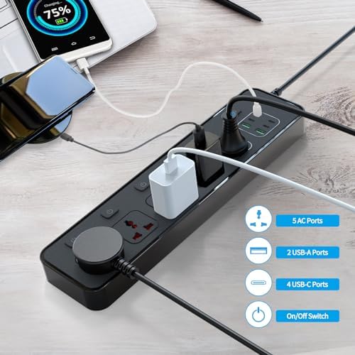 Jumpso European Travel Plug Adapter with Individual Switch – 6 ft Universal Power Strip with 5 AC Outlets and 6 USB Ports (4 USB-C) – Maximum 3000 W Surge Protector for Safe and Efficient Charging in Office and Travel Environments – Compact, Versatile, and Energy-Saving Solution for All Your Devices