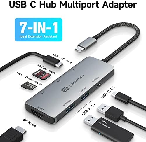 RSHTECH 7-in-1 USB C Hub – Ultimate Multiport Adapter with 8 K HDMI, 10 Gbps USB-C, Dual USB A Ports, 100 W Power Delivery & SD/TF Card Reader – Elevate Your Connectivity and Productivity for Laptops and PCs with Sleek Aluminum Design
