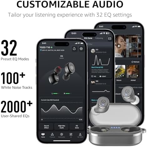 TOZO T10 Wireless Earbuds with Bluetooth 5.3 – Customizable EQ for Personalized Sound, Ergonomic Fit for Ultimate Comfort, 55 Hours Playtime, IPX8 Waterproof Rating, Wireless Charging Case – 2025 Enhanced Audio Experience for Active Lifestyles