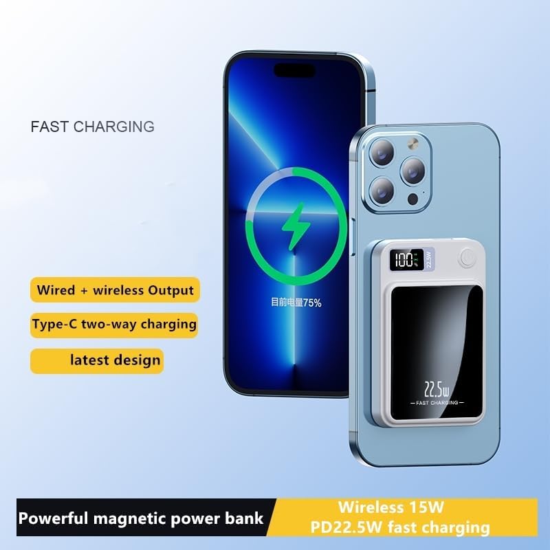 Magnetic Wireless Power Bank – 10000 m Ah Portable Charger with 22.5 W Fast Charging, LED Battery Indicator, USB-C Compatibility for i Phone & Samsung Galaxy – Ultimate On-the-Go Charging Solution in Sleek White Design