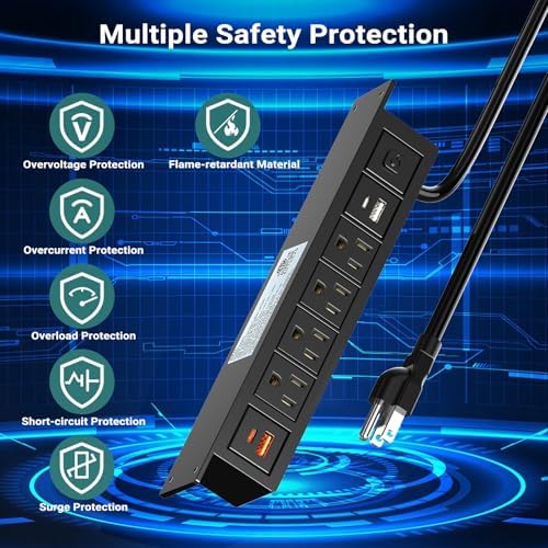 Maximize Productivity with QBA 8-in-1 Under Desk Power Strip – 20 W USB-C Fast Charging, 4 AC Outlets, 2 USB-A Ports, 6 FT Cable, Desk Mountable Power Hub for Home Office & Conference Room – ETL Listed for Safety and Reliability