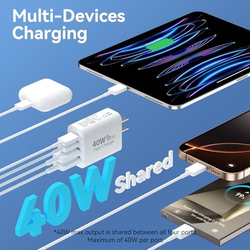 40 W USB C Charger Block – Dual Pack of 4-Port Fast Charging Power Bricks with PD & QC 3.0 Technology for i Phone 16/15/14/13/12/11 Pro Max, i Pad, Galaxy, Pixel – Sleek White & Blue Design for Convenient Multi-Device Charging