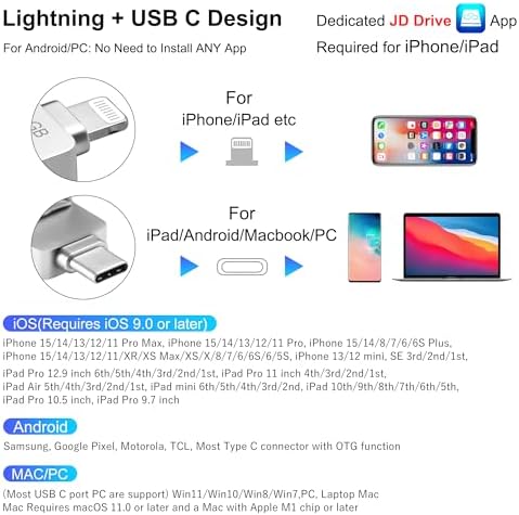 JSL JDTDC 256 GB Apple MFi Certified Photo Storage Stick – High-Speed Dual Connector USB-C & Lightning Drive for i Phone, i Pad, and Android – Ultimate External Backup Solution for Effortless Data Management and Memory Organization