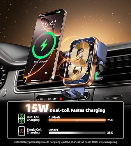 Revolutionary 15 W Dual Coil Wireless Car Charger & Auto-Clamping Phone Holder for Samsung Galaxy and i Phone Series – Effortless One-Handed Operation & Enhanced Compatibility for Safe, Fast Charging on Dash, Vent, or Windshield