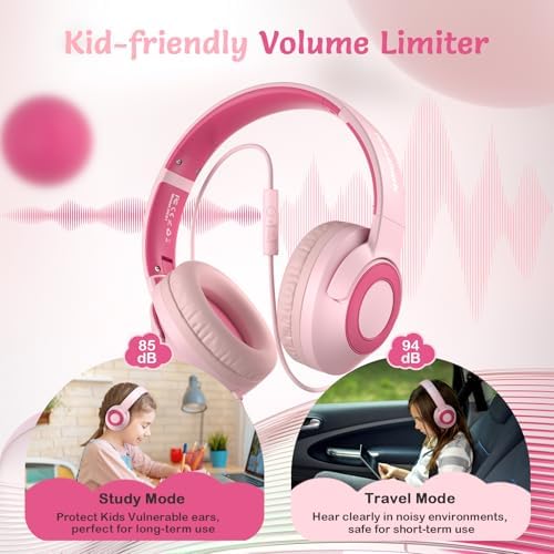 Comfortable Pink Headphones for Kids with Microphone – Safe Listening Technology at 85/94 d B, Foldable & Portable for School and Travel, Includes Stylish Carrying Case – Ideal for Young Girls Who Love Music and Learning