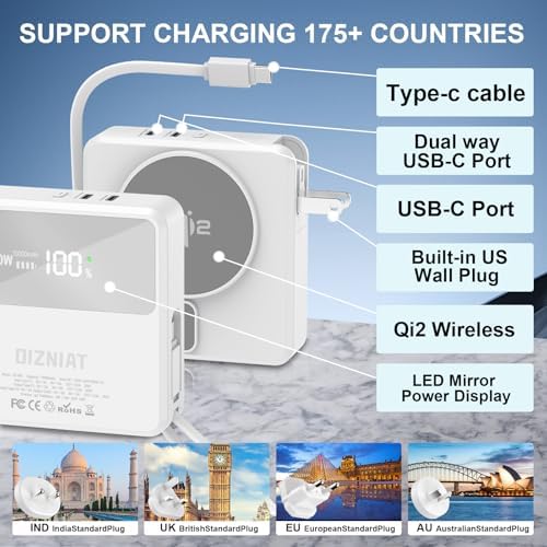 Magnetic 4-in-1 Universal Power Bank – 10,000 m Ah Qi2 Certified Travel Charger with Integrated Cables and 30 W Fast Charging – Versatile Compatibility for i Phone, Samsung, i Pad & More – Sleek LED Display, Built-in USB-C and Lightning Cable, Global Plug Adaptors – Effortless Wireless Charging Anywhere with Enhanced Portability and Efficiency