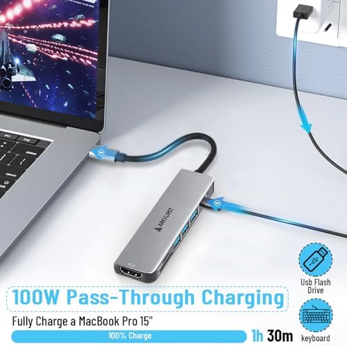 Maximize Your Device’s Potential with the 7-in-1 USB C to HDMI Dongle | Ultimate Multi-Port Hub for Type C Devices Featuring Stunning 4 K HDMI Output, Fast USB 3.0 Data Transfer, SD/TF Card Reader, and 100 W Power Delivery for Unmatched Connectivity and Charging Efficiency