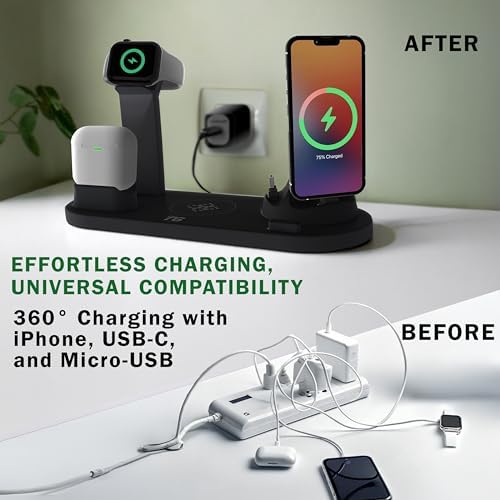 Ultimate 6 in 1 Fast Wireless Charging Hub – 15 W Qi Charger for i Phone 16/15/14/13/12 Pro Max Plus & Samsung Galaxy S23/S22 – Multi-Device Charging Station with Overcharge Protection & Compact Design for Home and Office Efficiency