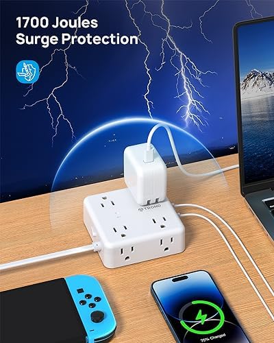 Maximize Your Living Space with TROND 6 FT Flat Extension Cord – 8 Outlet Power Strip with 4 USB Ports and 1700 Joules Surge Protection for Seamless Home Organization and Efficient Device Charging