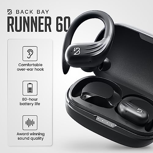 Enhance Your Workout with Back Bay Audio Runner 60 Wireless Bluetooth Earbuds – 80-Hour Battery Life for Uninterrupted Performance, Secure Over-the-Ear Fit, Waterproof Design for Active Lifestyles, and Superior Sound Quality with Built-in Microphone for Effortless Hands-Free Calling