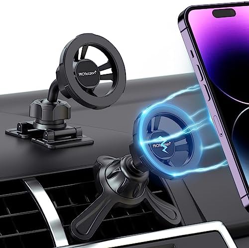 PROfezzion Deluxe Magnetic Car Mount: Secure Metal Mag Safe Holder for i Phone 16, 15, 14, 13, 12 Pro Max & All Smartphones – Hands-Free 360° Rotation for Safe Navigation, Easy Air Vent & Dashboard Installation, Enhanced Grip for Seamless Driving Experience