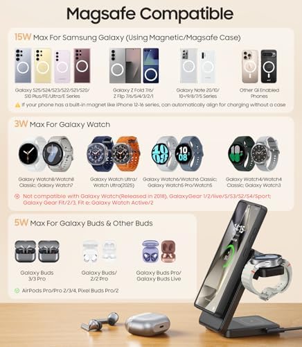 Effortless 3-in-1 Magnetic Wireless Charger for Samsung Devices – Fast Mag-Safe Charging Station for Galaxy S25, S24, S23 Ultra Plus, Z Fold/Flip Series, Plus Compatible with Galaxy Watch Ultra 8/7/6/5/Pro and Buds – Portable Foldable Design for Enhanced Efficiency and Style