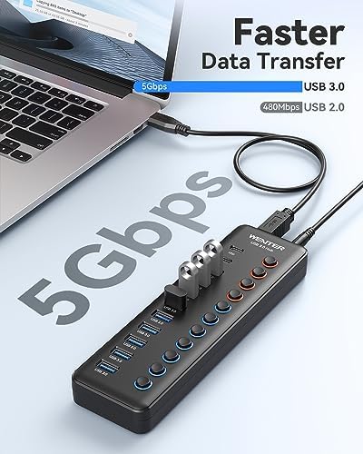 Maximize Your Connectivity with the Wenter 5-Port USB 3.0 Hub – Fast Data Transfer and Type-C Charging Hub for Mac & PC, Featuring Individual LED Switches for Power Management and Enhanced Performance