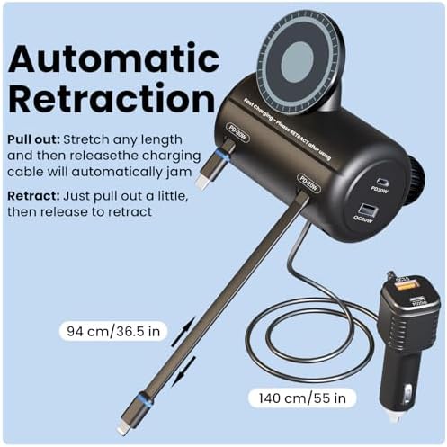 Revolutionize Your Travel Charging with the OHLPRO 6-in-1 Backseat Retractable Car Charger Station – Fast Dual USB Ports with 20 W PD & QC Adaptability, Magnetic Headrest Mount for Ultimate Convenience, Ideal for Rideshare Drivers and Passengers, Compatible with All Devices