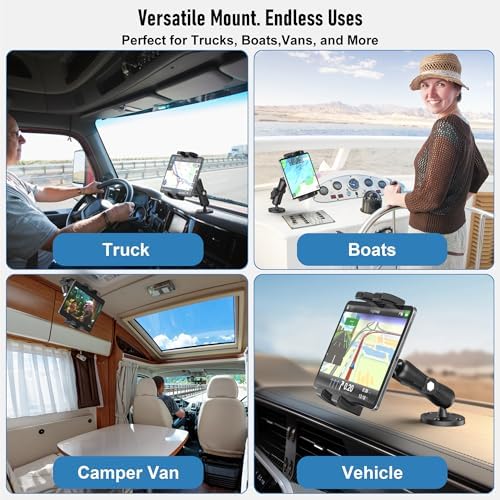 Heavy-Duty Industrial Tablet Mount for Vehicles – Adjustable Aluminum Arm for 4.7″-12.9″ Devices, Ultimate Stability Drill Base, Perfect for Trucks, Boats, and Workspaces – Versatile Dashboard & Wall Installation in Sleek Black Finish