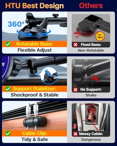 HTU for MagSafe Car Phone Mount Magnetic Phone Holder for Windshield Vent Dashboard Magnetic Suction Phone Mount for iPhone 16/15/14/13/12 & Android (Black) – Enhanced Compatibility and Speed