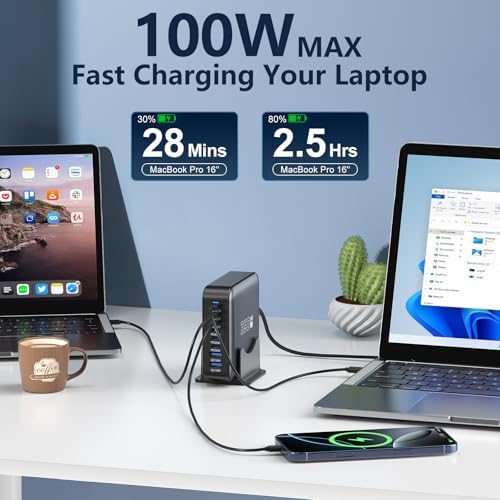 350 W 8-Port USB Fast Charging Station | Multi-Device Charger Block with PD 100 W for Rapid Power Delivery | Universal Compatibility for i Phone, Android, Tablets & More | Compact Design for Home, Office & Travel | Safe Charging with Overcharge Protection