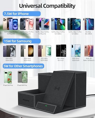 Elevate Your Workspace: Multifunctional Wireless Charger & Desk Organizer with 3 Compartments and Phone Stand – PU Black – Fast Charging & Stylish Office Essential for Maximum Productivity and Organization