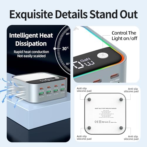 Ultimate 490 W Ga N USB-C Fast Charging Station – 8-Port Multi-Device Charger with 100 W PD3.0 & QC3.0, Digital Display for Smart Power Management – Ideal for Laptops, Mac Books, i Pads, i Phones & More – Compact Design for Efficient Charging Solutions