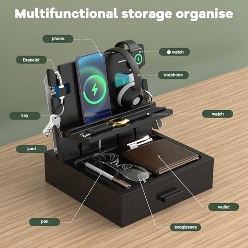 Nightstand Organizer with Charging Station, Wood Docking Station with USB Ports and Outlets, Gifts for Men, Bedside Holder with Drawer for Kindle,Phone,Key, Watch & Accessories (Classic Black) – Enhanced Compatibility and Speed