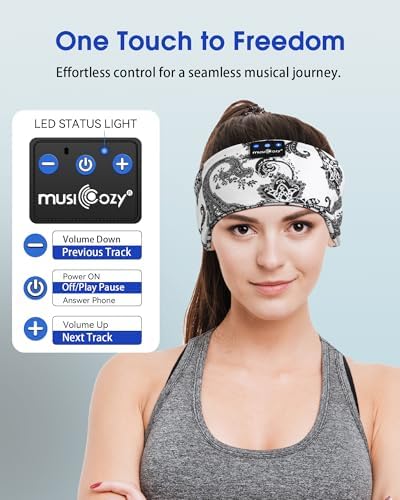 MUSICOZY Bluetooth 5.4 Sleep Headband – Ultra-Thin Stereo Earbuds for Uninterrupted Comfort and Performance, Sweat-Resistant for Active Lifestyles & Serenity (White Red) – Elevate Your Audio Experience with Innovative Design and Superior Sound Quality