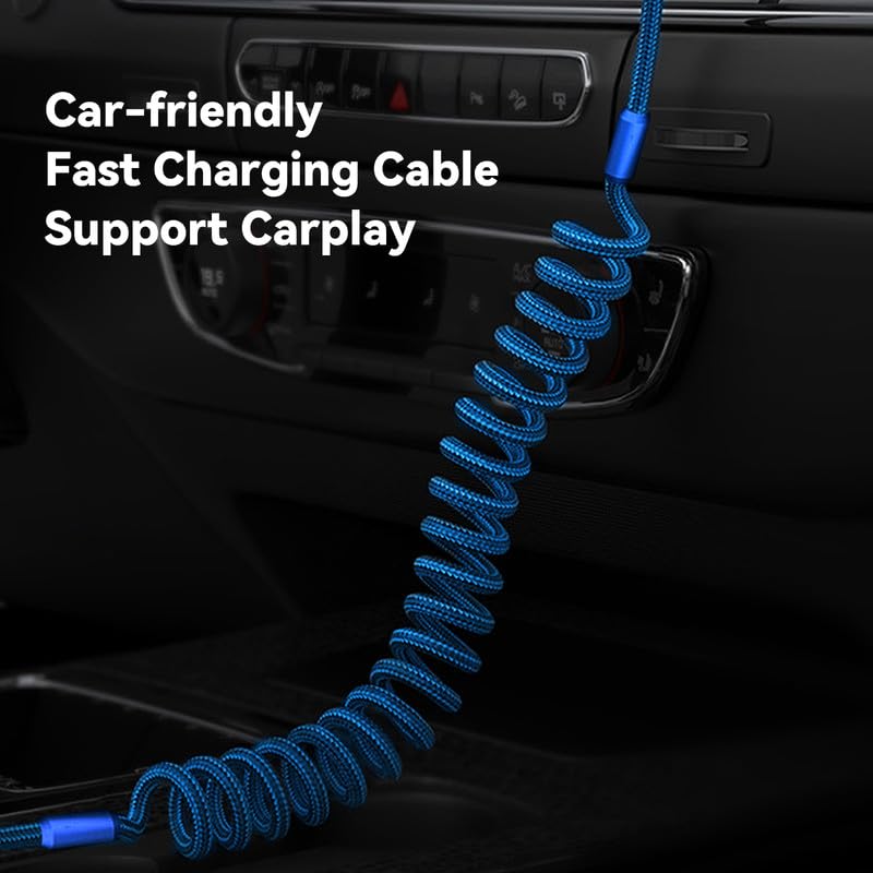 Dynamic Curly Chubby Coiled USB C Cable: 240 W Fast Charge Retractable Spiral Braid Cord for Carplay & Android Auto, Versatile Length 2.29 FT to 3.6 FT, Sleek Black and Red Design, Enhanced Compatibility for All USB-A to Type-C Devices