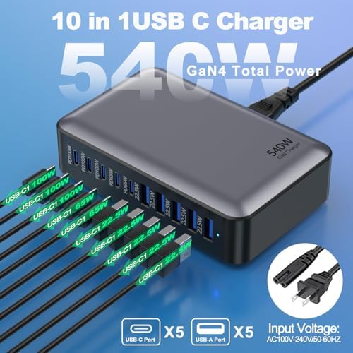 Powerful 10-Port USB C Fast Charger Block – 540 W Ga N Charging Station for Laptop & Multi-Device Compatibility – PD 100 W Output for Rapid Charging of Mac Book, i Pad, i Phone, Samsung Galaxy & Dell – Compact and Efficient Charging Hub for Home and Office Use