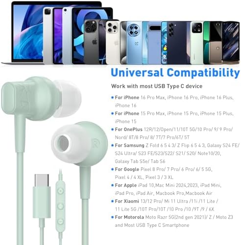 High-Fidelity USB C Earbuds with In-Line Microphone – Ergonomically Designed Noise-Isolating Headphones for i Phone 16/15, Samsung Galaxy S25/S24/S23/S22, Pixel 8/7, One Plus – Superior Comfort, Seamless Audio Control, and Enhanced Compatibility for Music and Calls