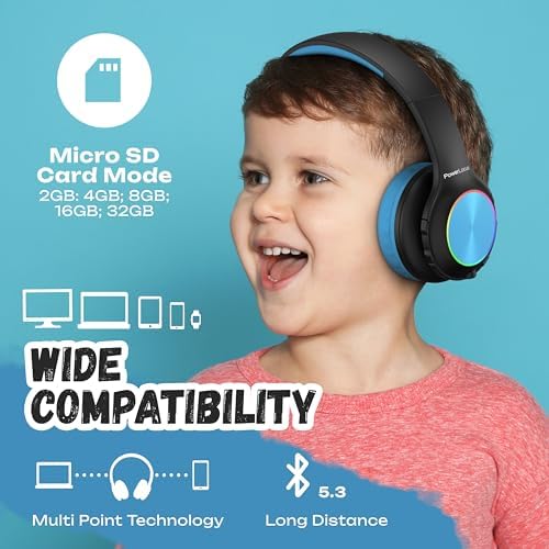 Vibrant Power Locus PLED Kids Bluetooth Headphones – Safe Volume Control (74/85/94 d B), Fun LED Lights, Hi-Fi Sound, Built-in Microphone & Multi-Connectivity for Travel, Learning & Play – Perfect Over-Ear Design for Children