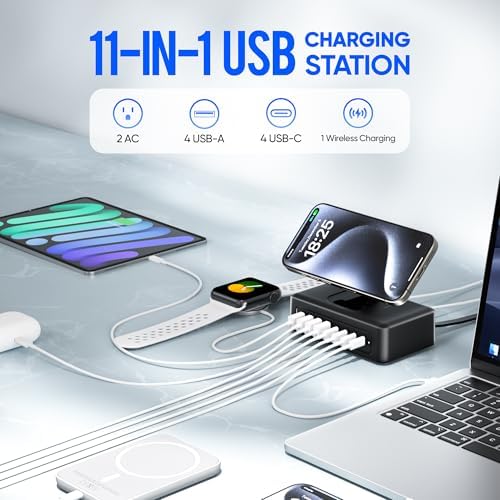 11-in-1 USB C Power Strip Charging Hub by ACOZVIN – 115 W Multi-Device Fast Charger with 2 AC Outlets, 4 USB-A & 4 USB-C Ports, 5 FT Flat Plug Cord for Mac Book, i Phone 16/15/14 – Ideal Desktop Solution for Home & Office Power Needs