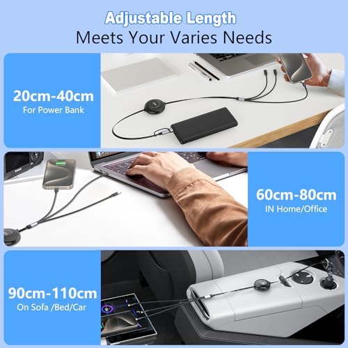 Ultra-Fast 100 W USB-C Multi Charging Cable – Retractable 4 FT Charger for i Phone 15, Samsung S24 & More – Versatile Compatibility with Type C, Micro USB, and IP Devices – Durable & Tangle-Free Design for Effortless Charging on the Go