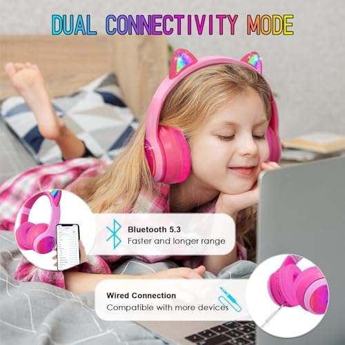 IFECCO Wireless Kids Bluetooth Cat Ear Headphones – Fun Light-Up Design with Volume Limiting Feature, Built-in Microphone, and Foldable Portability for Travel and Learning – Ultimate Gift for Young Music Enthusiasts