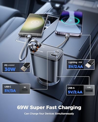 2025 SUPERONE 69 W Retractable Car Charger – Fast Charging Dual-Port Accessory for i Phone 16/15/14/13/12 & Samsung Devices, Tangle-Free Design, Ideal Gift for Men & Women, Essential Car Travel Companion