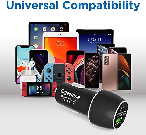 Gigastone USB C Car Charger 45 W Dual Port Fast Charging Adapter – PD3.0 & QC3.0 Compatible with i Phone 15, Galaxy S23, Pixel and More – Ultra-Compact, High-Speed Charging Solution for On-the-Go Convenience