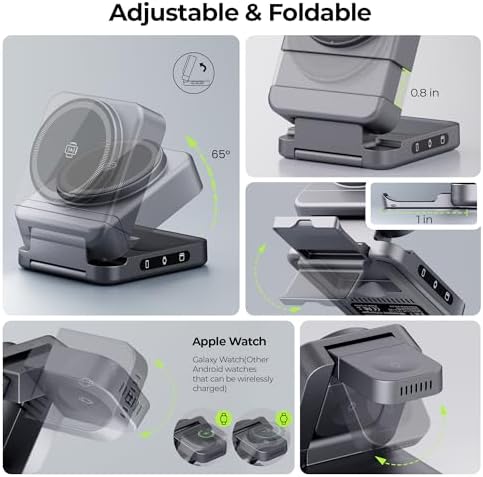 Premium 3-in-1 Foldable Wireless Charging Station – 2025 Model with 15 W Fast Charge for i Phone 16, Samsung S25, and All Apple Watch Series – Portable Magnetic Charger Stand with Enhanced Safety and Stability – Sleek Grey Design for Nightstand and Travel Use