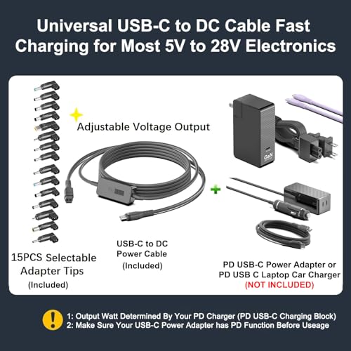Universal 7 Ft USB-C to DC Adapter with 15 Versatile Connector Tips – Adjustable Voltage Output 5 V-28 V for Rapid Charging of Laptops, Mini PCs, Printers, and More – Compact Travel-Friendly Design for Enhanced Portability and Compatibility – Experience Optimal Power Delivery for Diverse Electronic Devices – Ideal for Quick Charging of HP, Dell, Lenovo, and Other Brands – Perfect Solution for Efficient Charging Needs at Home or On-the-Go – Extra Long Cable for Maximum Flexibility in Various Settings – Reliable Fast Charging Protocol Support for All Round Charging Ports – Elevate Your Charging Experience with This All-In-One Adapter Solution
