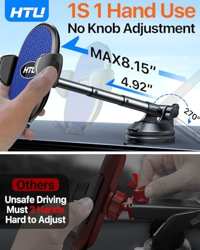 HTU Military-Grade Suction Car Phone Holder 2025 – Versatile Telescopic Arm Smartphone Mount for Dashboard & Windshield – Compatible with i Phone 16 Pro Max, 15, 14, 13, 12 & Samsung – Enhanced Stability for Trucks & Jeeps – Sleek Black Finish for Modern Interiors