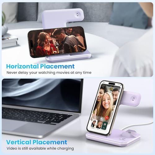WAITIEE 3-in-1 Wireless Charging Station for i Phone, Apple Watch & Air Pods – Fast, Stylish Blue Charger with Enhanced Compatibility for i Phone 16, 15, 14, 13, 12, 11, X, 8 & Air Pods Pro – Ultimate Travel-Friendly Charging Solution with Safety Features