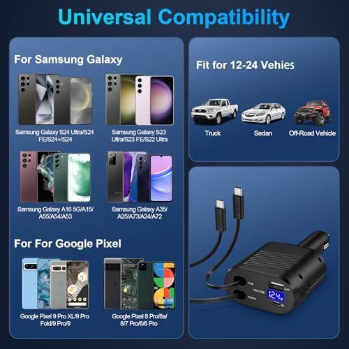 Ultra-Fast 45 W 4-in-1 Retractable Car Charger with Dual Cables for Samsung Galaxy – Optimized Charging for A-Series and S-Series Models, USB A & C Ports, Tangle-Free Design for Ultimate Convenience and Compatibility