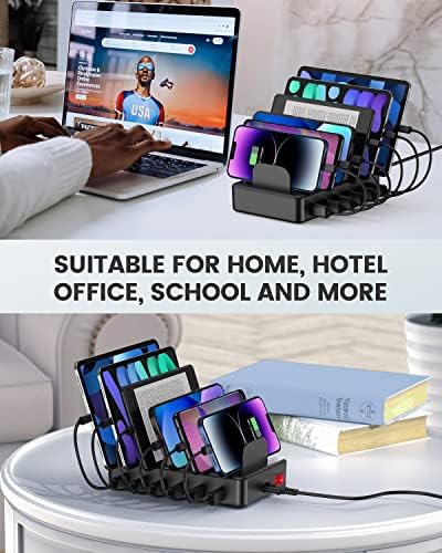 Ultimate 50 W Multi-Device Charging Station with 6 USB Ports & Cables – Space Gray Fast Charging Dock for i Phone, i Pad, Kindle, and More | Efficient Power Hub for Home, Office & Travel – Compact Design with Safety Features
