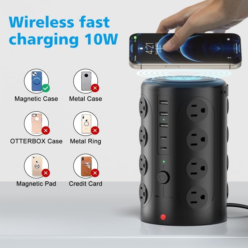 Advanced Surge Protector Power Strip with 15 W Wireless Charging Station – 16 AC Outlets & 5 USB Ports (Including 2 USB-C) for Optimal Home, Office, and Dorm Room Use – 10 FT Cord for Enhanced Flexibility and Speedy Device Charging
