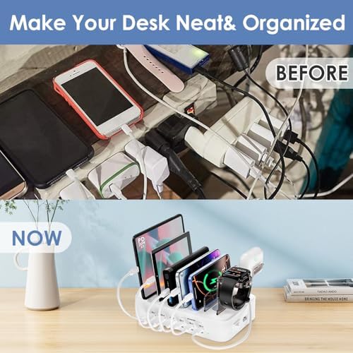 Ultimate 90 W Multi-Device Charging Station – 6-Port Organizer with 3 PD 20 W USB-C Fast Charge Capability for i Phones, i Pads, Tablets, Kindles, and More – Includes 6 Versatile Cables, Air Pods and Apple Watch Holders – Streamlined Design for Enhanced Efficiency and Space Management
