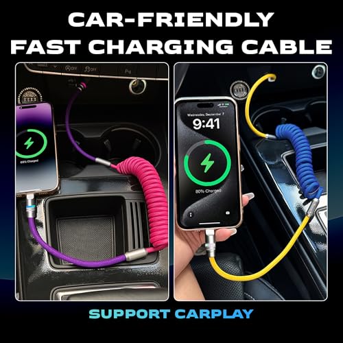 Neon Chubby Spiral Charge Cable – Vibrant 2.29-3.6 FT Type-C Coiled Charger for USB-C and Carplay Devices, Fast Sync and Charge, Tangle-Free Design in Bold Purple and Light Green, Perfect for Smartphones and Tablets