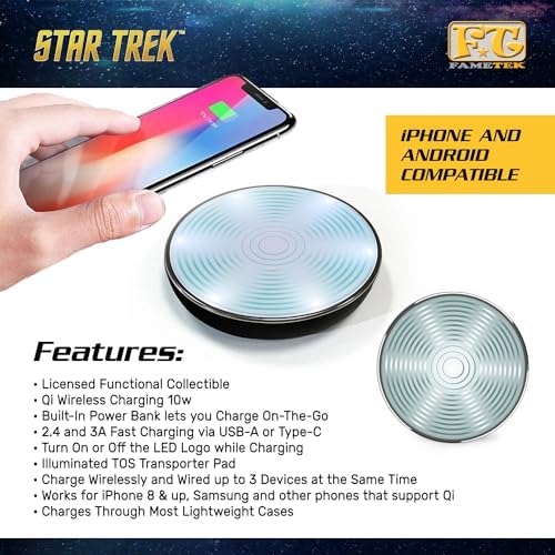 Star Trek Illuminating Wireless Charger & Backup Battery Pack – Sci-Fi Inspired Portable Phone Charger with Light-Up Transporter Pad Logo for Enhanced Compatibility and Fast Charging – Ultimate Gift for Star Trek Fans and Tech Enthusiasts